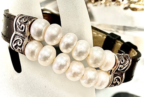 Bracelet, Pearls, Sterling, Leather