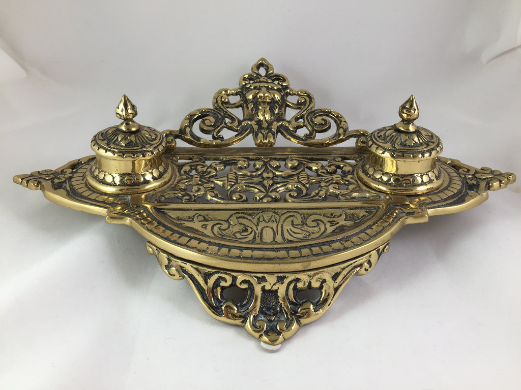 Vintage Ornate Brass Double Inkwell