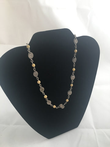 Necklace 15” Silver Rope Swirl and Wood Bead Necklace