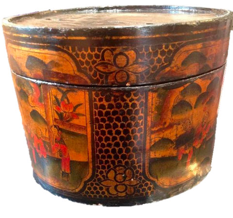 Chinese Lacquer Covered Round Box Container